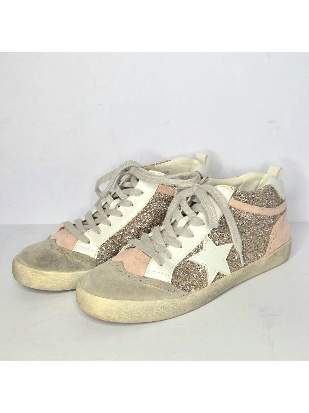 Mi.iM Glitter Star Pink White Mid-Rise Distressed Sneakers Women's Size 8.5
